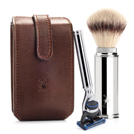 Utazó Gillette Fusion Borotválkozási Készlet | Kézműves Bőr Táska | Silvertip Fibre Pamacs